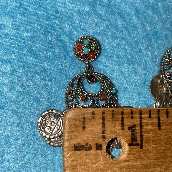 GRANZIANO Pierced earrings silver filigree coins small gems boho makers mark - Picture 6 of 7